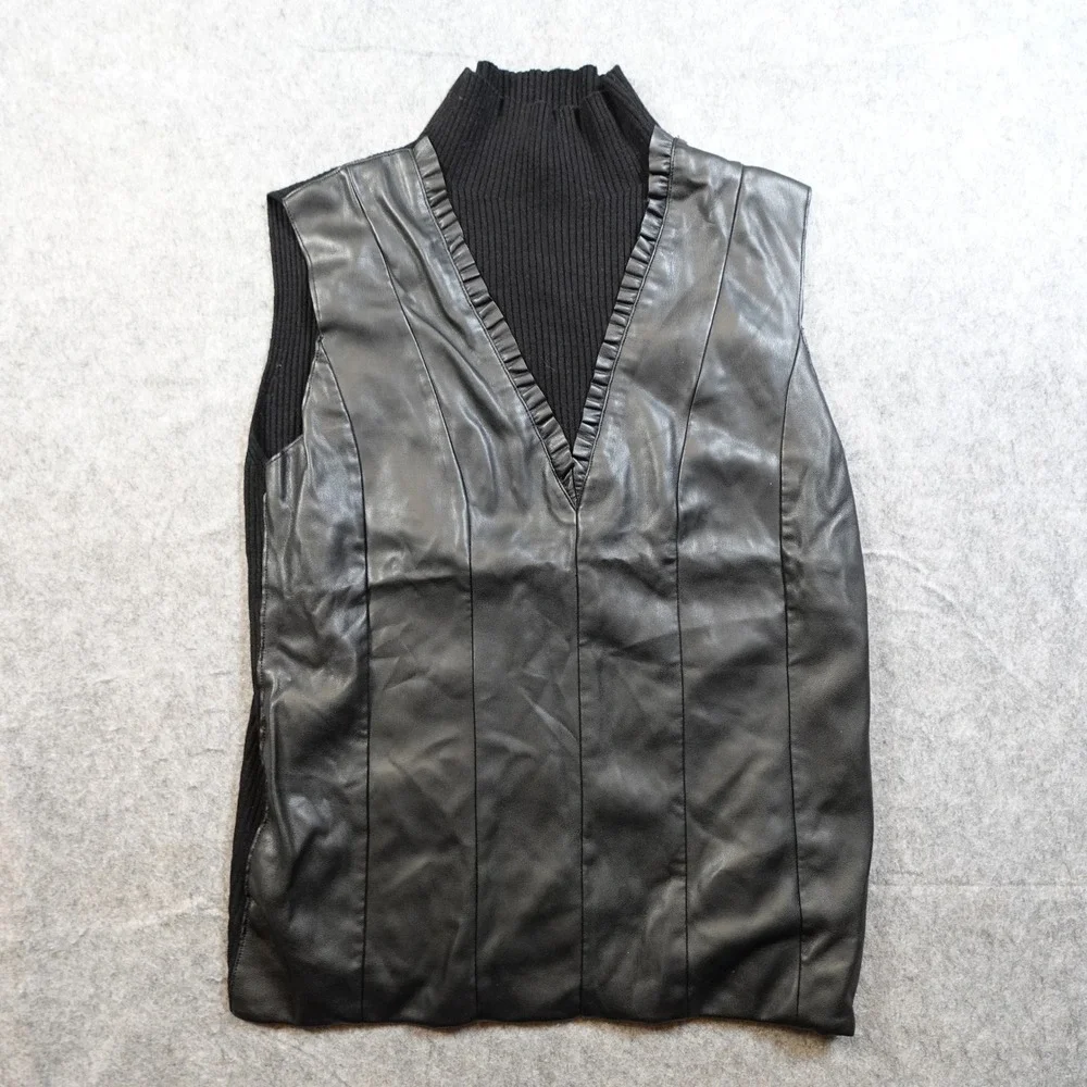 Sioni Milano Sweater Womens Small Black Knit Faux Leather Combo Sleeveless‎ Mock